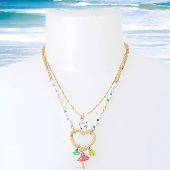 Nwt Betsey Johnson ONE LOVE Heart Charm NECKLACE RAINBOW MULTI color - Picture 6 of 9